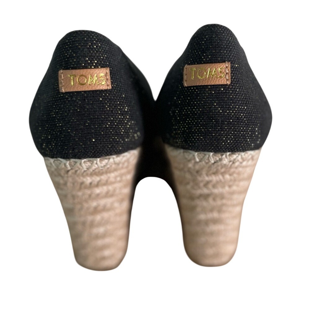 Tom's Classic‎ Black Denim+Gold Wedge Peep Toe Espadrille Heels SZ 10 Never Worn - Picture 3 of 8